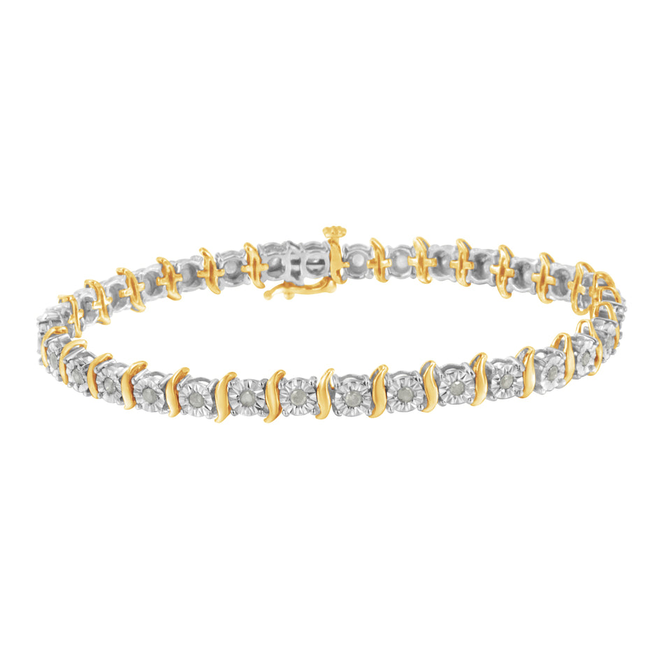 Two-Tone 10K Yellow Gold over .925 Sterling Silver 1.0 Cttw Diamond S-Curve Link Miracle-Set Tennis Bracelet (I-J Color, I3 Clarity) - 7