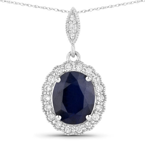 3.38 Carat Genuine Blue Sapphire and White Diamond 14K White Gold Pendant - Pendants - Custom Crafting Alliance, LLC