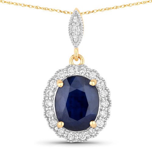3.38 Carat Genuine Blue Sapphire and White Diamond 14K Yellow Gold Pendant - Pendants - Custom Crafting Alliance, LLC