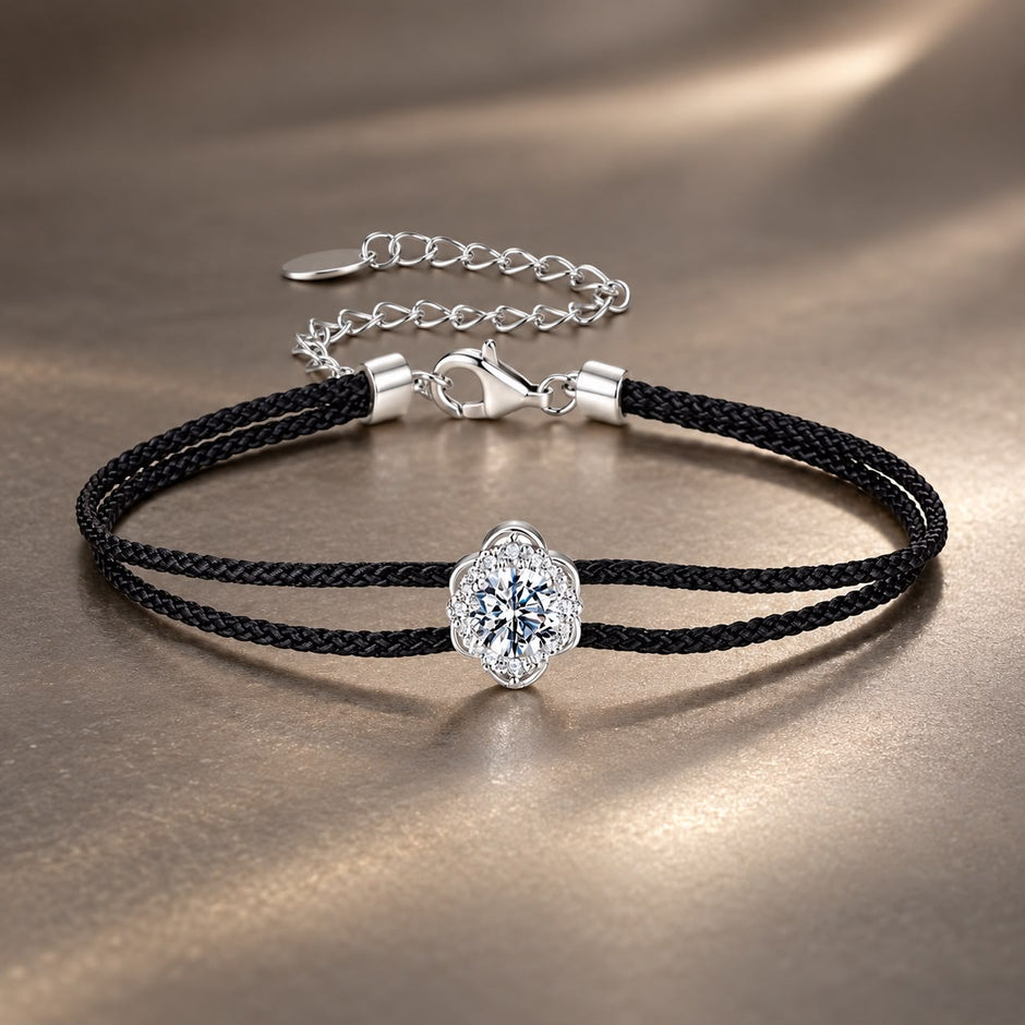 925 Sterling Silver White Gold Plated Round Moissanite 15+6cm Cotton Cord Bracelet for Women