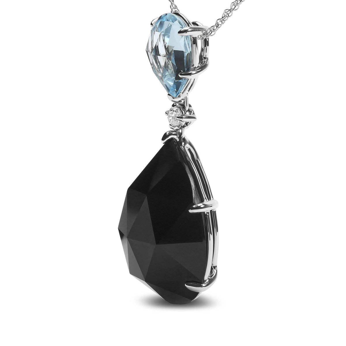 18K White Gold Diamond Accent and Pear Cut Sky Blue Topaz and Pear Cut Black Onyx Dangle Drop 18