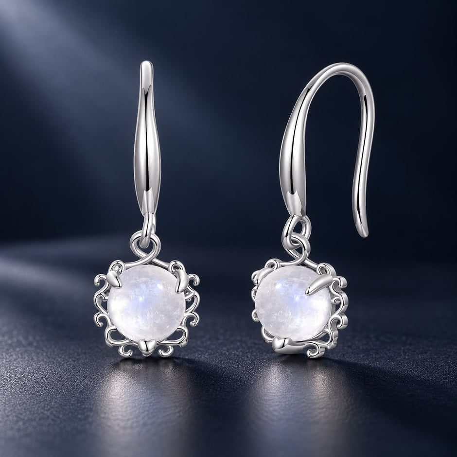 925 Sterling Silver White Gold Plated Natural Moonstone 2.0x0.7cm Earrings for Women