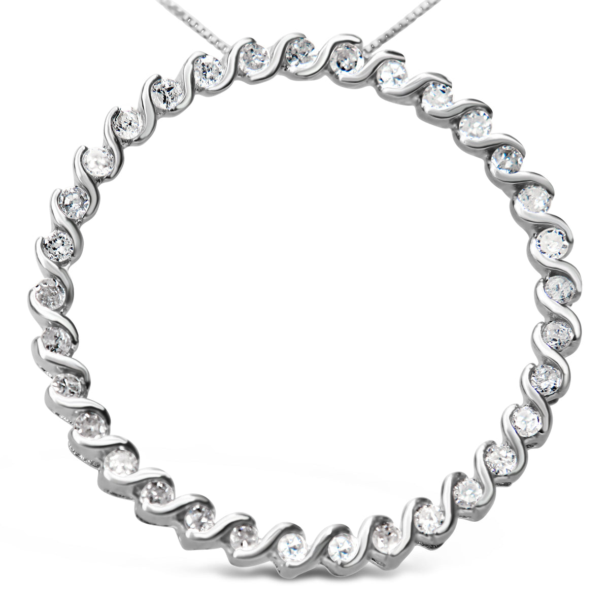 .925 Sterling Silver 3/4 Cttw Round Diamond Spiral Curved Circle Pendant 18