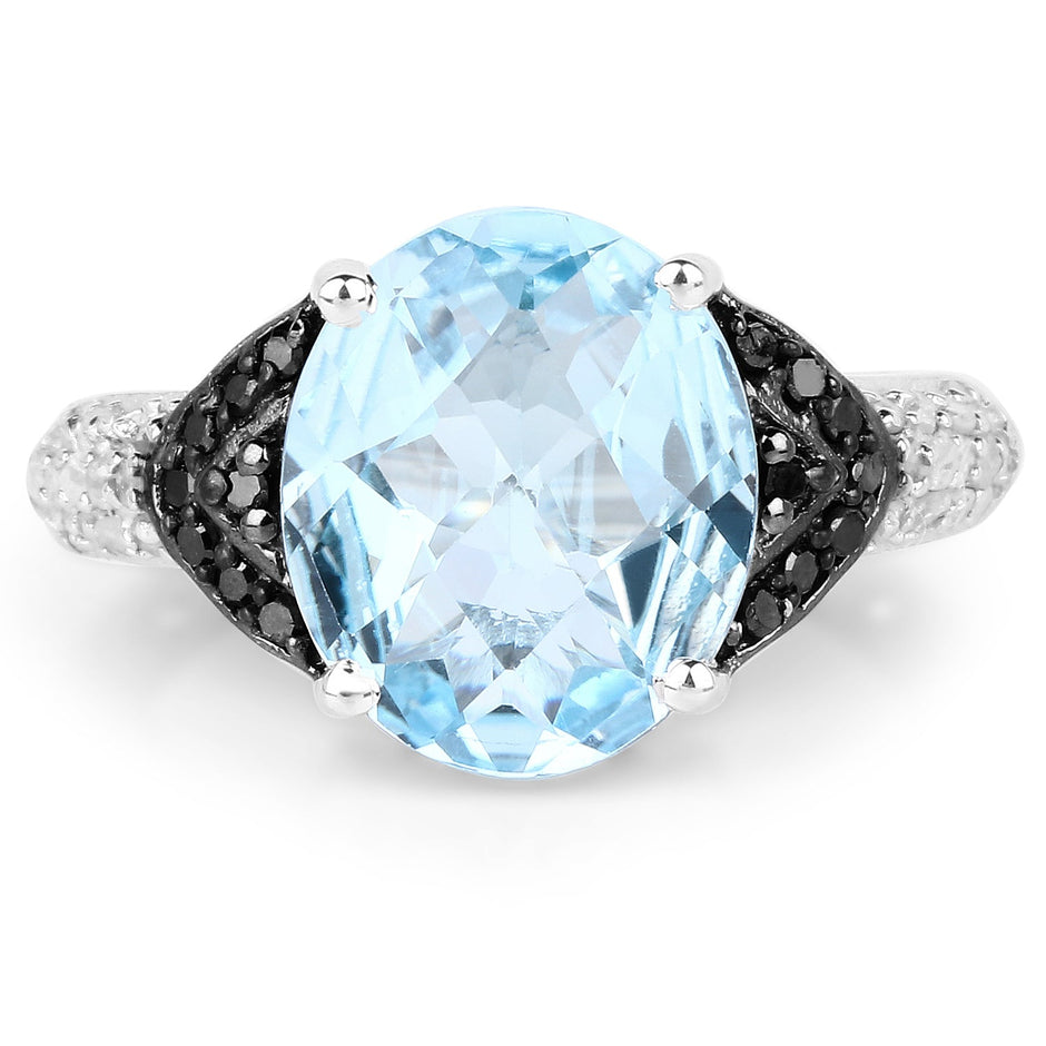 5.37 Carat Genuine Swiss Blue Topaz, Black Diamond & White Topaz .925 Sterling Silver Ring