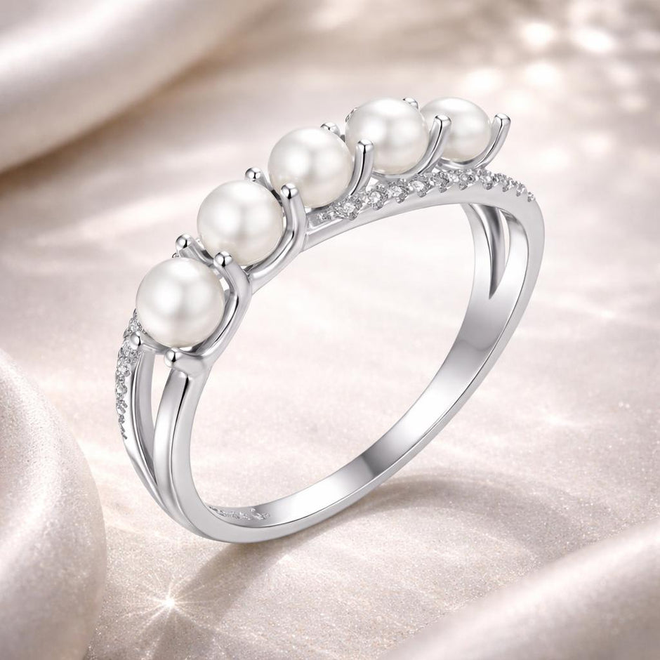 925 Sterling Silver White Gold Plated Freshwater Pearl Ring Size 6 for Women