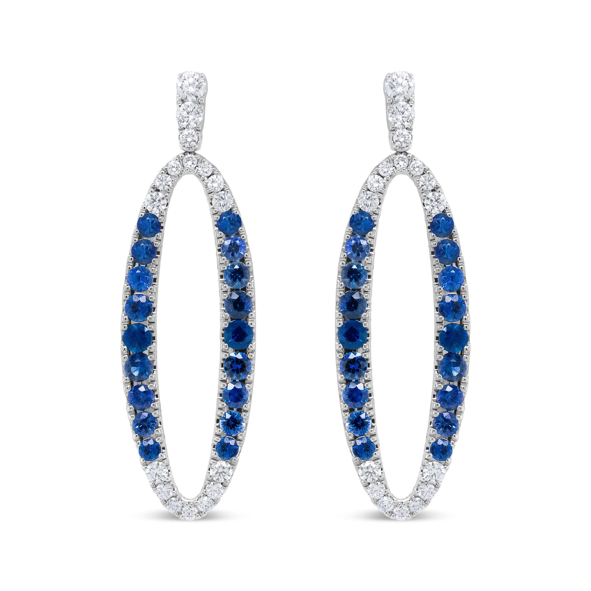 18K White Gold 1.11 Cttw Blue Round Diamond and Blue Sapphire Openwork Oval Shaped Dangle Earrings (F-G Color, VS1-VS2 Clarity)