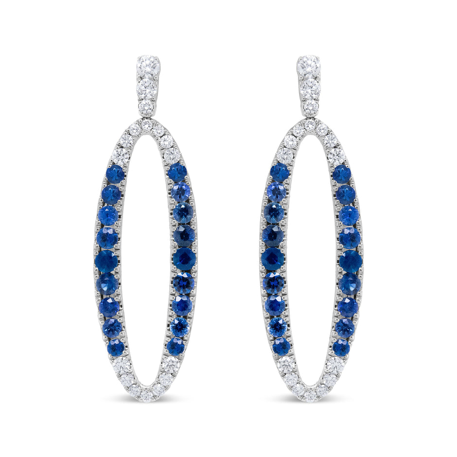 18K White Gold 1.11 Cttw Blue Round Diamond and Blue Sapphire Openwork Oval Shaped Dangle Earrings (F-G Color, VS1-VS2 Clarity)