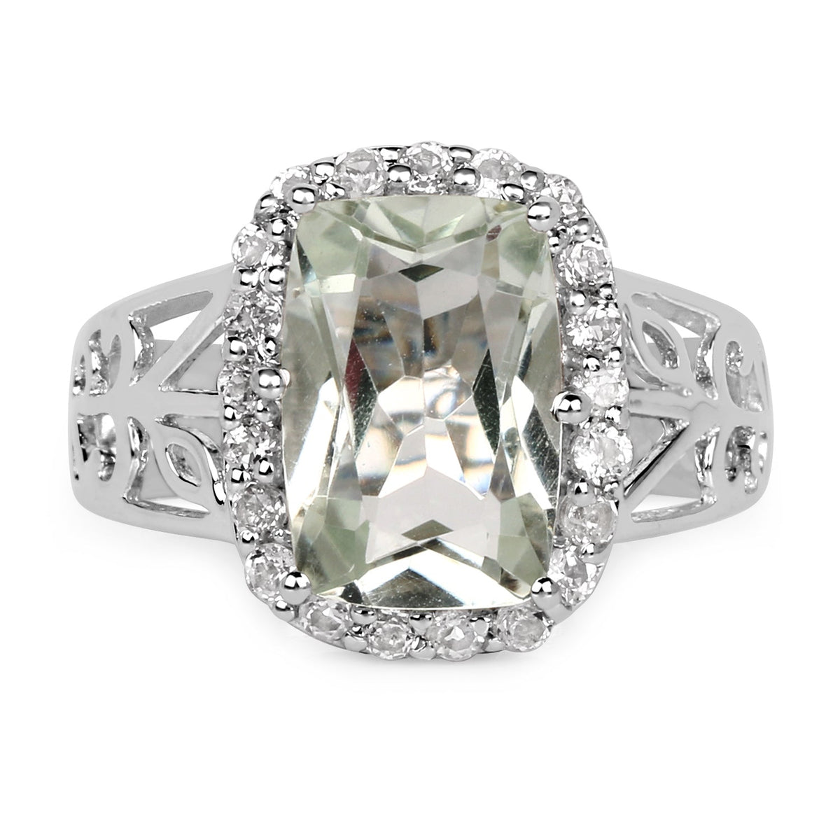 3.94 Carat Genuine Green Amethyst and White Topaz .925 Sterling Silver Ring