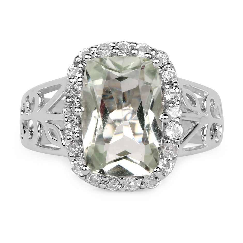 3.94 Carat Genuine Green Amethyst and White Topaz .925 Sterling Silver Ring
