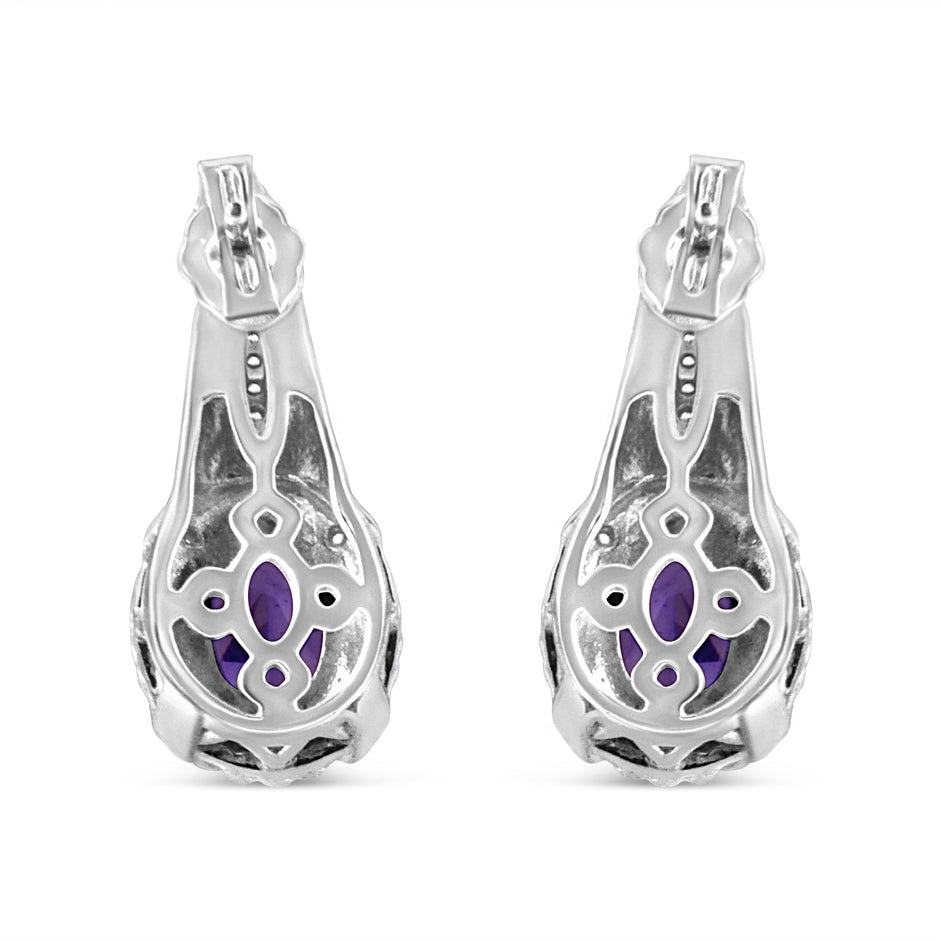 .925 Sterling Silver 8x6 MM Natural Oval Purple Amethyst Gemstone and Diamond Accent Art Deco Style Drop and Dangle Earrings (I-J Color, I1-I2 Clarity)