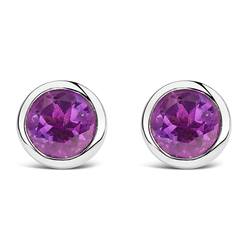 .925 Sterling Silver 6MM Bezel Set Created Purple Amethyst Solitaire Stud Earrings