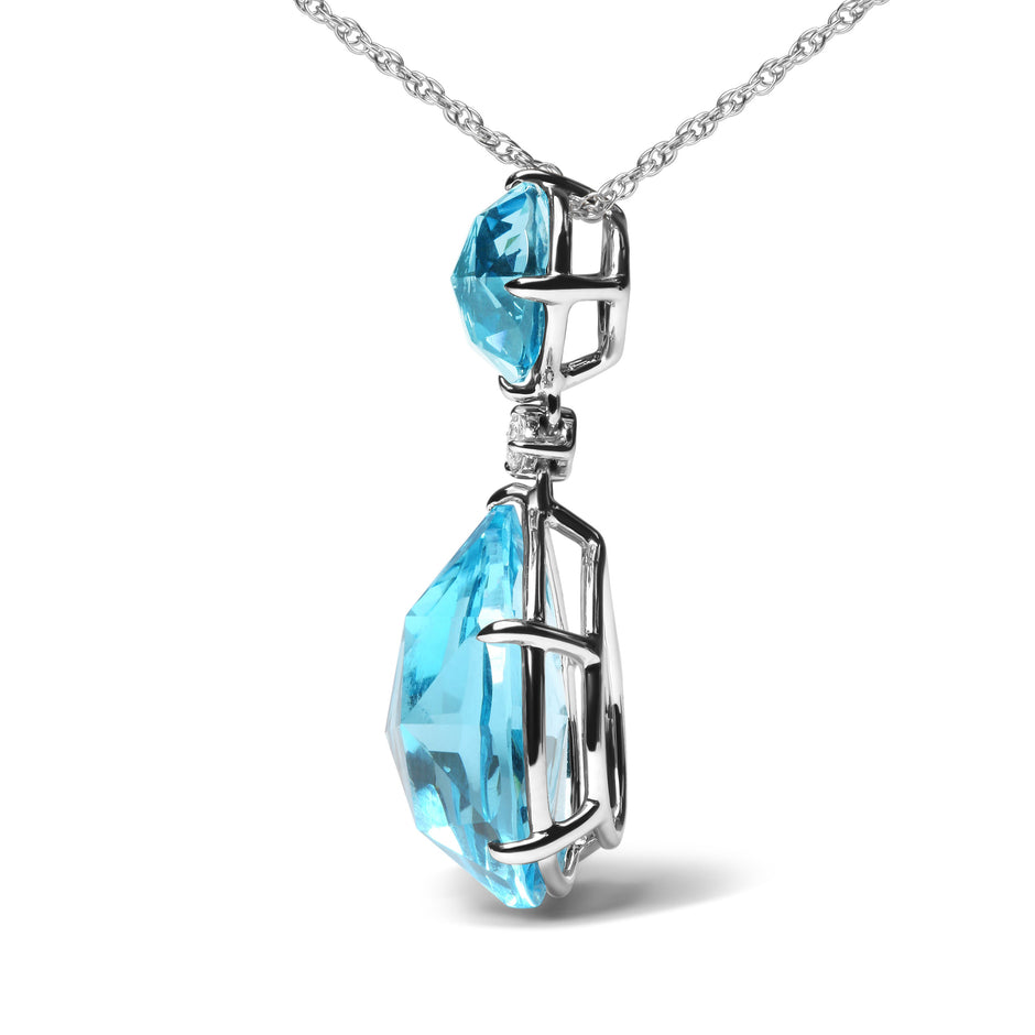 18K White Gold Diamond Accent and Round London Blue Topaz and Pear Cut Sky Blue Topaz Dangle Drop 18
