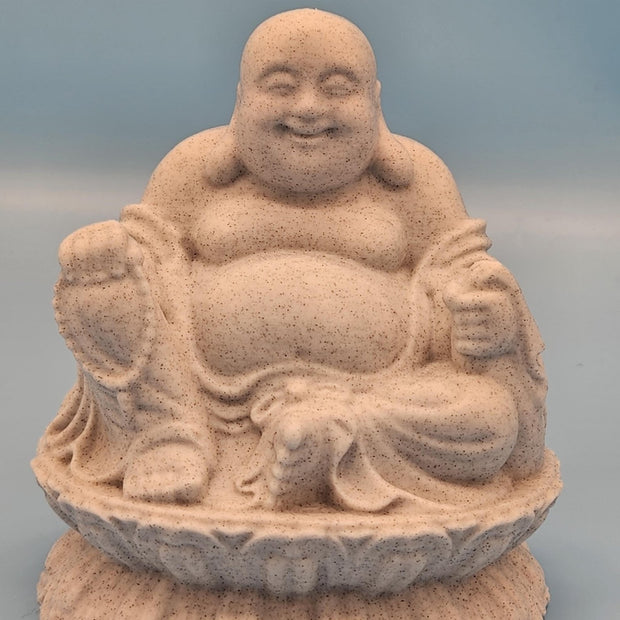 3D - printed smiling Buddha statue, crafted from marble filament for a smooth, serene finish—perfect for decor or gifting