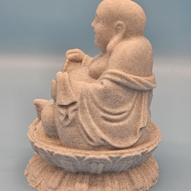 3D - printed smiling Buddha statue, crafted from marble filament for a smooth, serene finish—perfect for decor or gifting