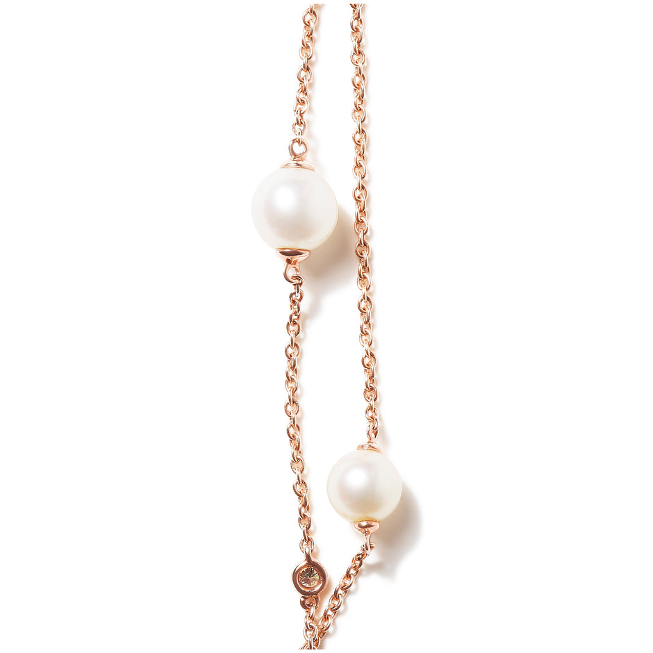 18K Rose Gold 1/2 Cttw Diamond and Freshwater Pearl Double Strand Station Necklace  (G-H Color, SI1-SI2 Clarity) - Adjustable up to 16