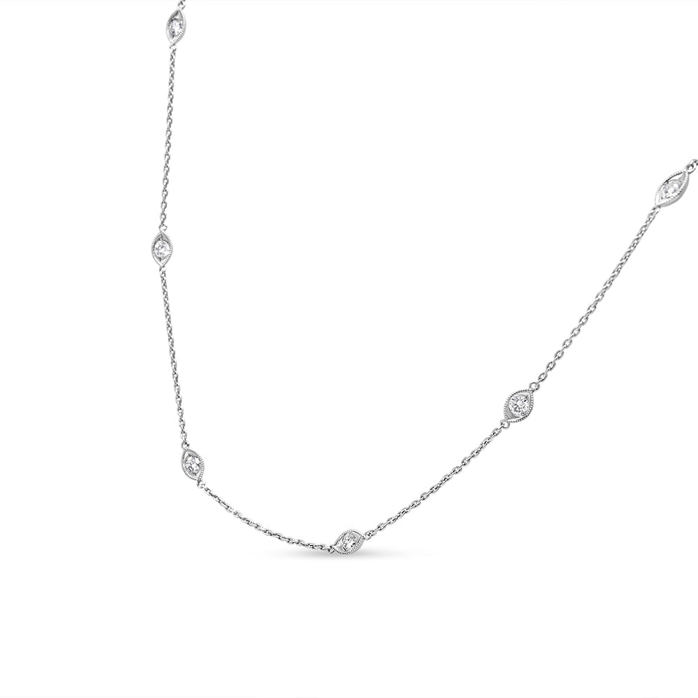 14K White Gold 1.00 Cttw Bezel Set Round Diamond Marquise Shaped Milgrain Station 18