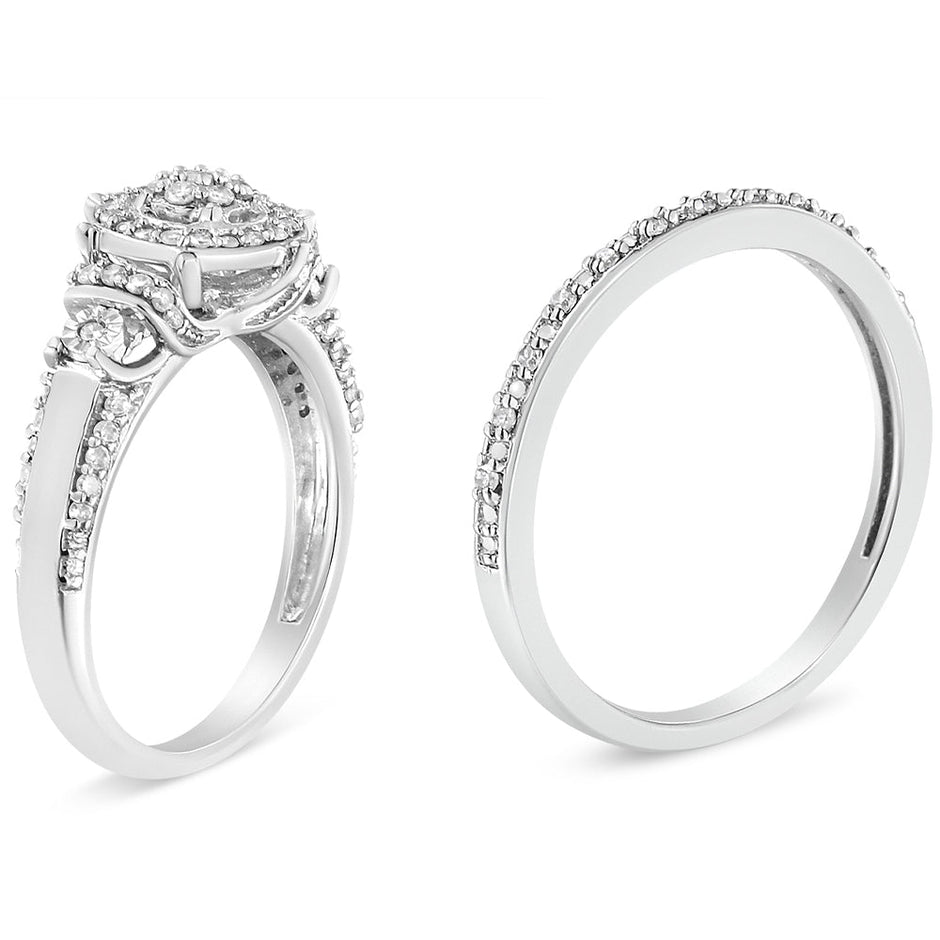 .925 Sterling Silver 1/3 Cttw Diamond 7 Stone Cluster and Halo Engagement Ring and Wedding Band Set (I-J Color, I1-I2 Clarity) - Size 7