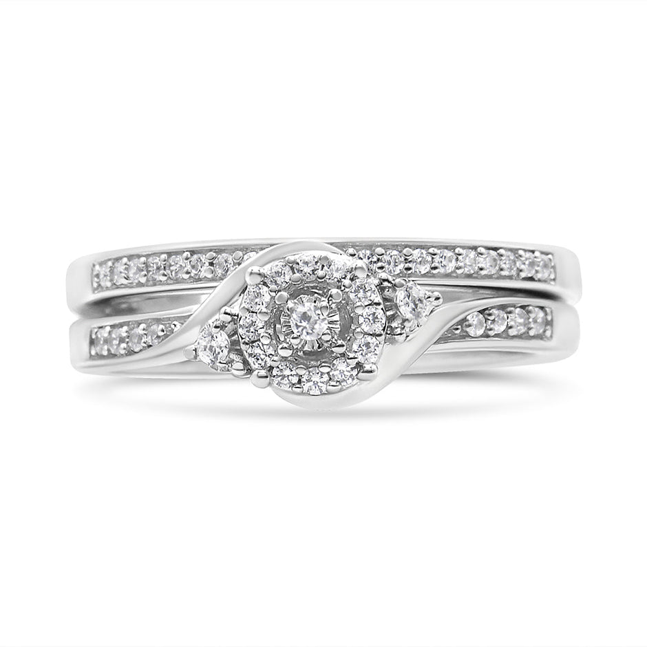 .925 Sterling Silver 1/4 Cttw Diamond Halo and Swirl Engagement Ring and Wedding Band Set (I-J Color, I3 Clarity)- Ring Size 7