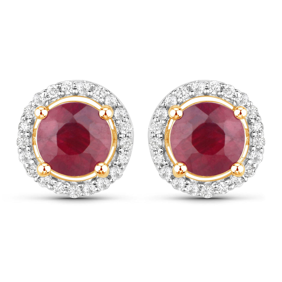 1.22 Carat Genuine Ruby and White Diamond 14K Yellow Gold Earrings