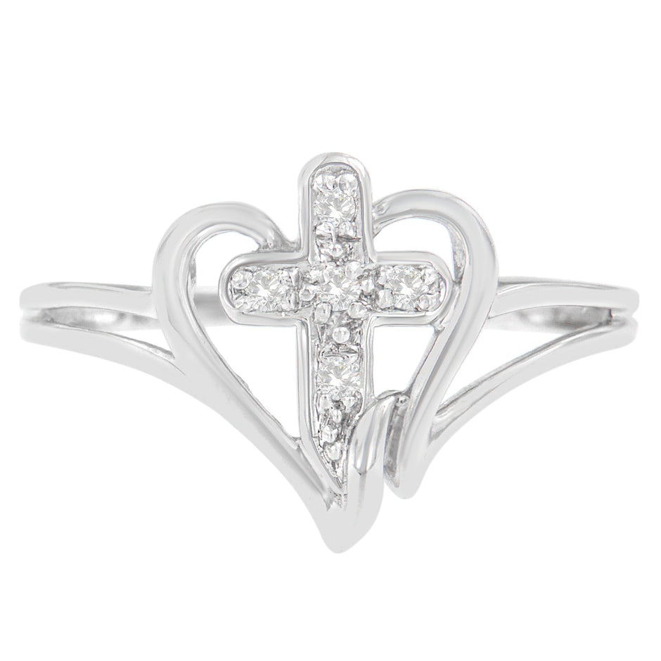 10K White Gold Diamond-Accented Cross & Open Heart Promise Fashion Ring (H-I Color, I1-I2 Clarity) - Size 7