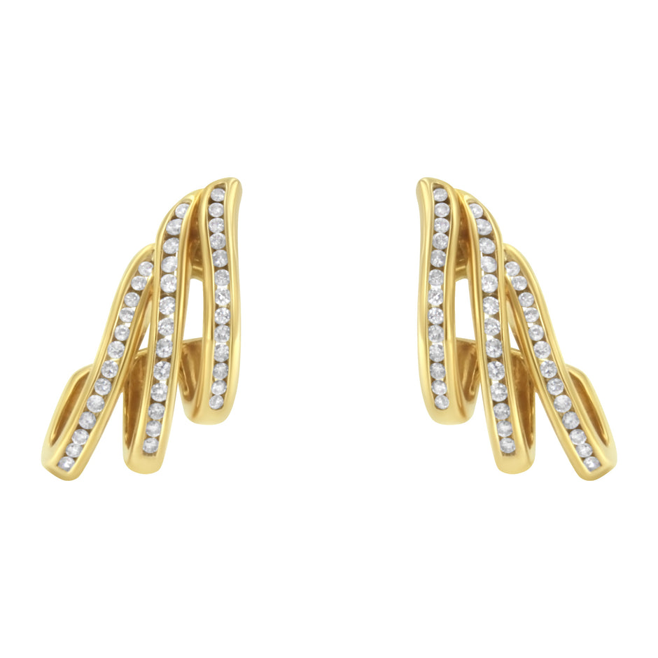 10K Yellow Gold 1.0 Cttw Round Brilliant Cut Diamond Spiral Multi Row Channel Set Open Hoop Pushback Stud Earrings (H-I Color, I1-I2 Clarity)