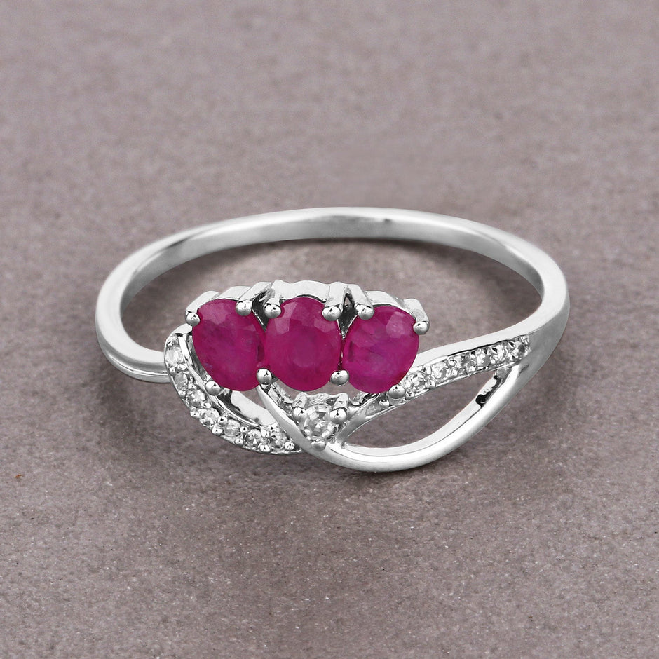 0.71 Carat Genuine Ruby and White Diamond 14K White Gold Ring