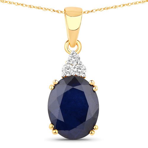 4.41 Carat Genuine Blue Sapphire and White Diamond 14K Yellow Gold Pendant - Pendants - Custom Crafting Alliance, LLC