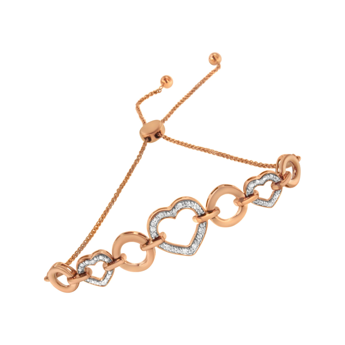 10K Rose Gold over .925 Sterling Silver 1/10 Cttw Round-Cut Diamond Heart Link Adjustable Bolo Bracelet (H-I Color, I2-I3 Clarity) - 6