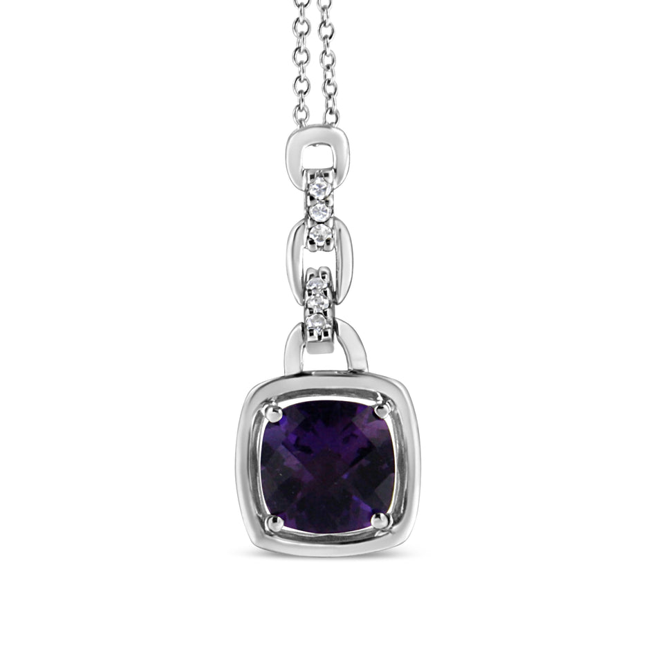.925 Sterling Silver 6x6MM Cushion Shaped Natural Purple Amethyst and Diamond Accented Bale 18