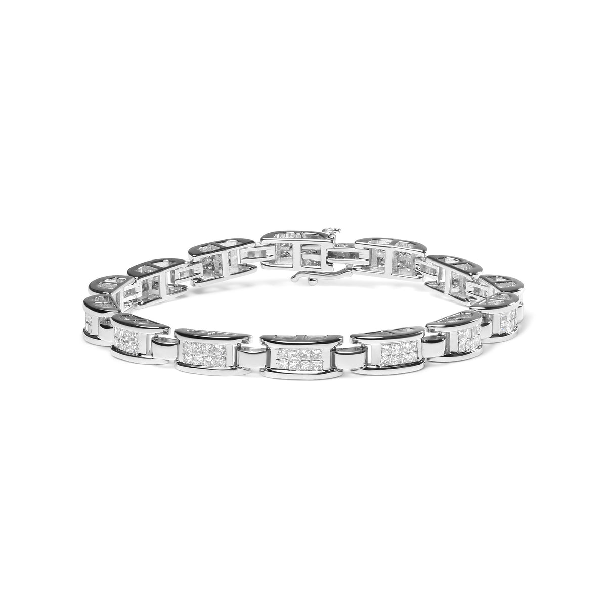 14K White Gold 3.0 Cttw Invisible Set Princess Cut Diamond Link and Buckle 7.25
