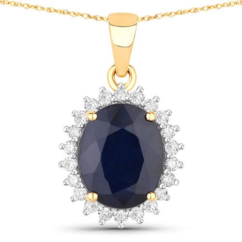 4.63 Carat Genuine Blue Sapphire and White Diamond 14K Yellow Gold Pendant - Pendants - Custom Crafting Alliance, LLC