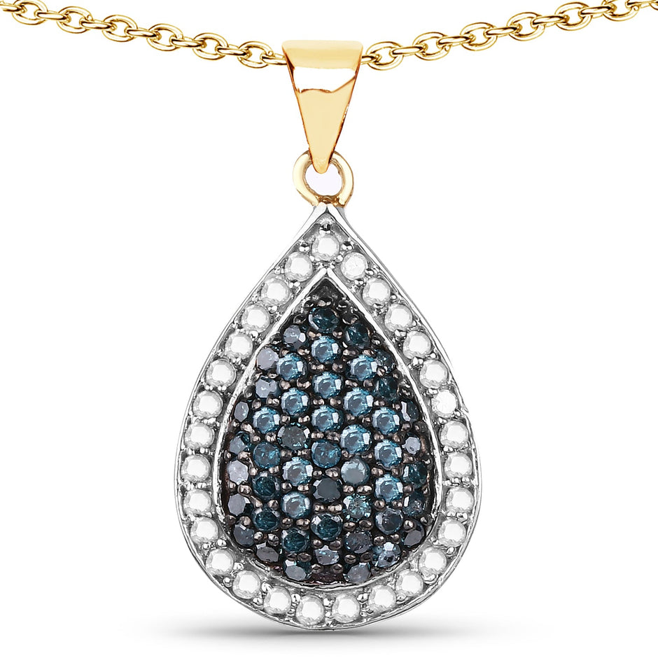14K Yellow Gold Plated 0.81 Carat Genuine Blue Diamond and White Diamond .925 Sterling Silver Pendant