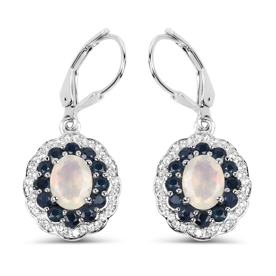 2.80 Carat Genuine Ethiopian Opal, Blue Sapphire and White Topaz .925 Sterling Silver Earrings