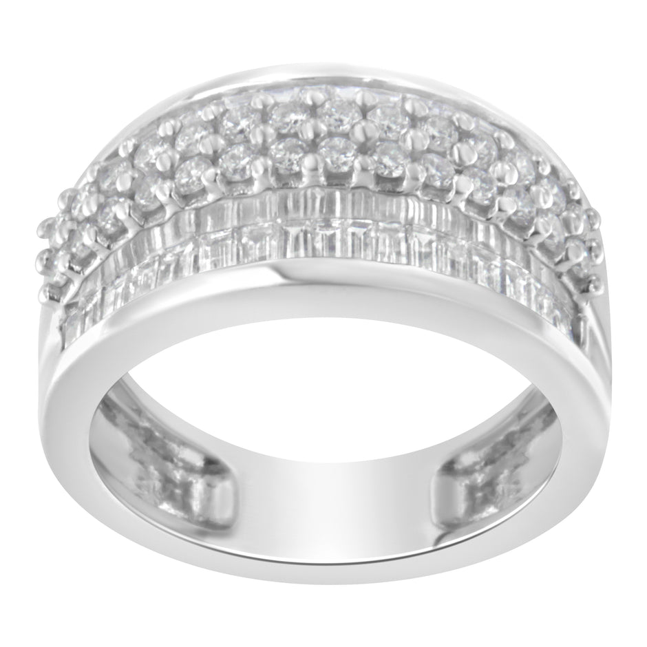 14K White Gold Round and Baguette Diamond Ring (1 1/2 Cttw, F-G Color, SI1-SI2 Clarity) - Size 6-3/4