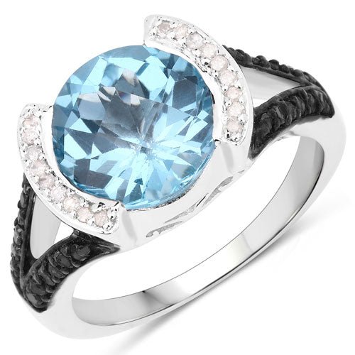 "4.99 Carat Genuine Swiss Blue Topaz, White Diamond and Black Diamond .925 Sterling Silver Ring - Rings - Custom Crafting Alliance, LLC