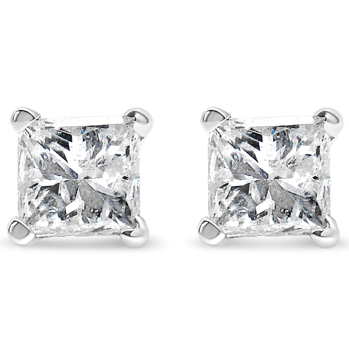 AGS Certified 14K White Gold 1.0 Cttw 4-Prong Set Princess-Cut Solitaire Diamond Push Back Stud Earrings (I-J Color, SI2-I1 Clarity)