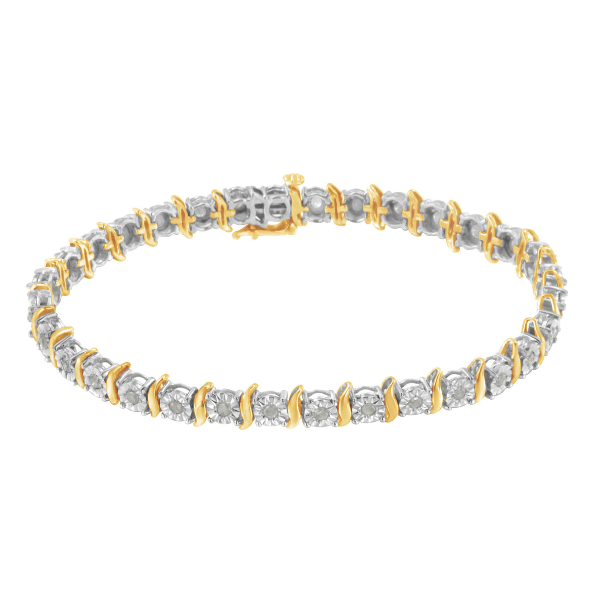 Two-Tone 10K Yellow Gold over .925 Sterling Silver 1.0 Cttw Diamond S-Curve Link Miracle-Set Tennis Bracelet (I-J Color, I3 Clarity) - 7