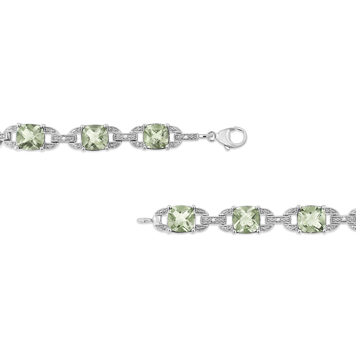 .925 Sterling Silver 7x7 mm Cushion Cut Green Amethyst and 1/20 cttw Round Cut Diamond Fashion Tennis Bracelet (I-J Color, I1-I2 Clarity) - 7