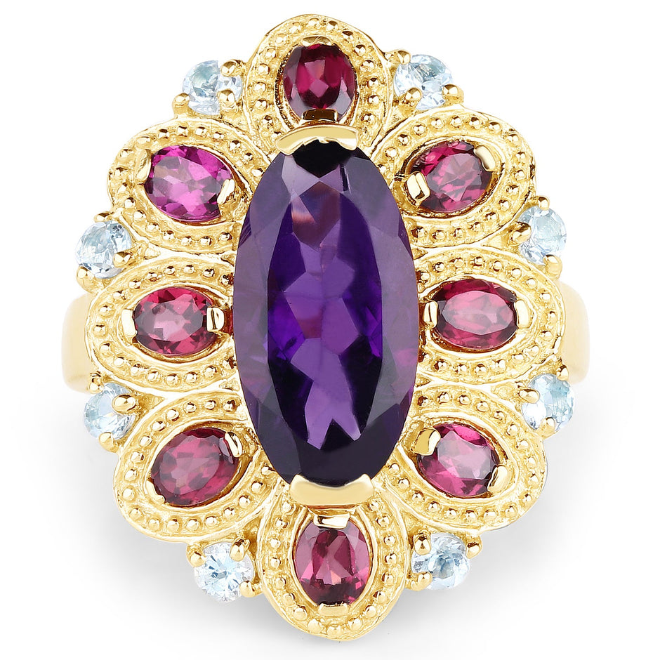14K Yellow Gold Plated 6.80 Carat Genuine Amethyst, Rhodolite & Blue Topaz .925 Sterling Silver Ring