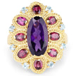 14K Yellow Gold Plated 6.80 Carat Genuine Amethyst, Rhodolite & Blue Topaz .925 Sterling Silver Ring