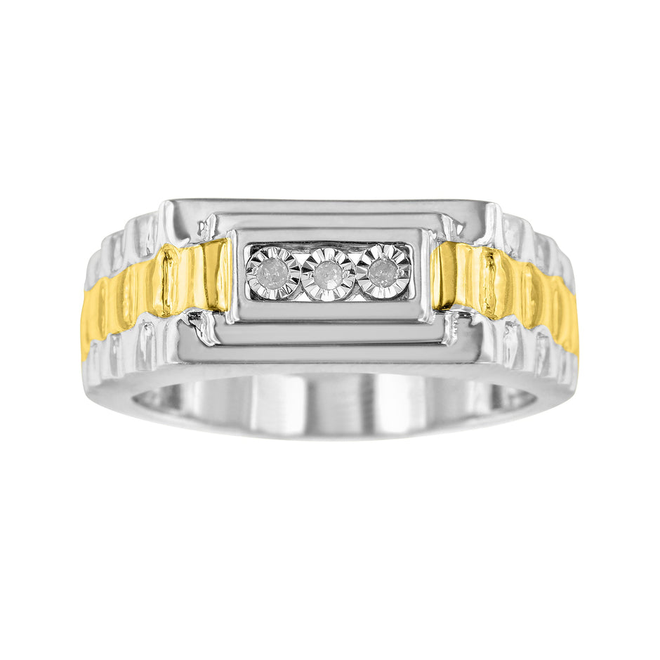10K Yellow Gold Plated .925 Sterling Silver Diamond Accent Miracle-Set 3 Stone Ridged Band Gentlemen's Fashion Ring (I-J Color, I2-I3 Clarity) - Size 10