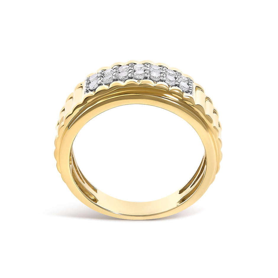 Men's 14K Yellow Gold Plated Sterling Silver 3/8 Cttw Diamond Ribbed Band Ring