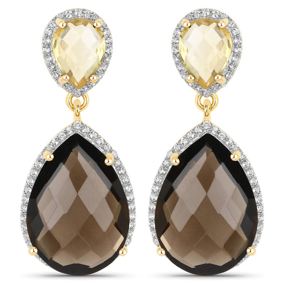 21.12 Carat Genuine Smoky Quartz, Citrine and White Topaz .925 Sterling Silver Earrings