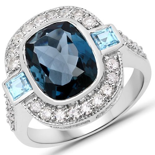 "5.27 Carat Genuine London Blue Topaz, Swiss Blue Topaz and White Diamond .925 Sterling Silver Ring - Rings - Custom Crafting Alliance, LLC