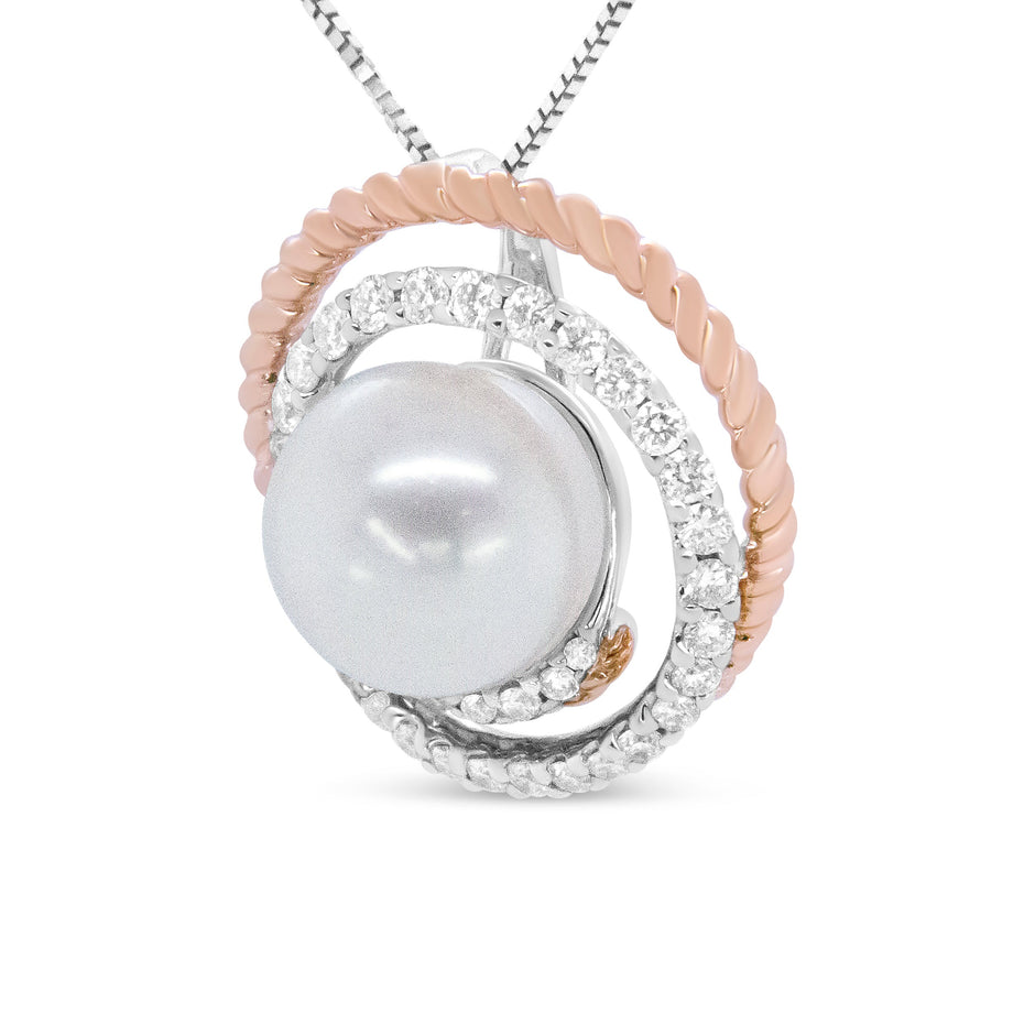14K Rose and White Gold 3/8 Cttw Pave Diamond and 9mm Round Pearl Spiral Openwork 18