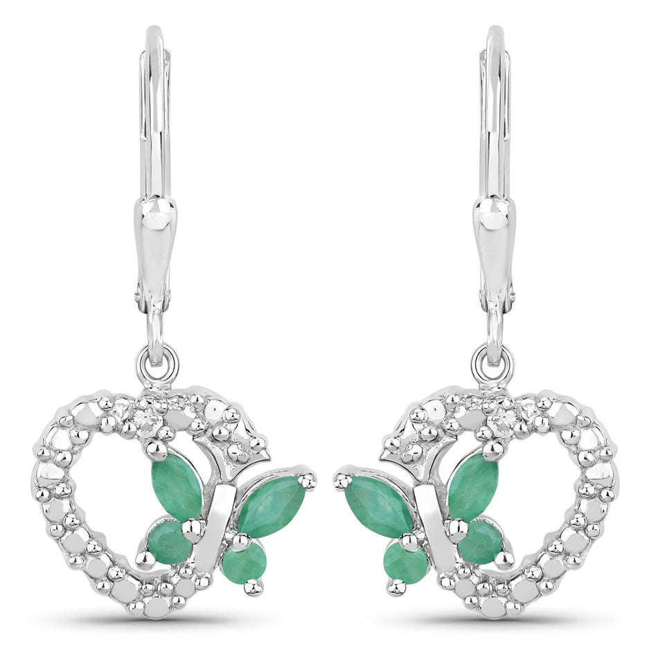 0.44 Carat Genuine Emerald and Created White Sapphire .925 Sterling Silver Earrings