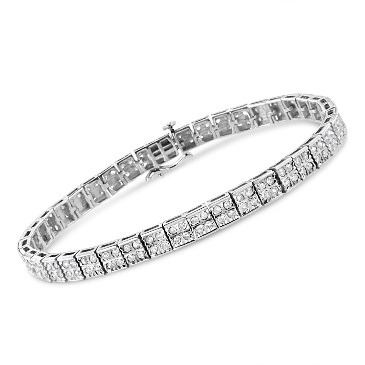 .925 Sterling Silver 2 Cttw Prong Set Round-Cut Diamond 4 Stone Box Link Bracelet (I-J Color, I3 Clarity) - 7.25