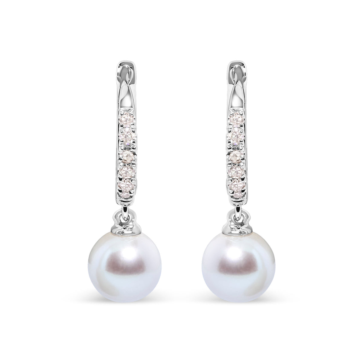 10K White Gold 6x6 MM Cultured Freshwater Pearl and Diamond Accent Drop Huggy Earring (H-I Color, I1-I2 Clarity)