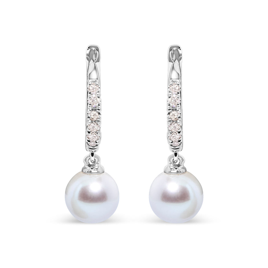 10K White Gold 6x6 MM Cultured Freshwater Pearl and Diamond Accent Drop Huggy Earring (H-I Color, I1-I2 Clarity)