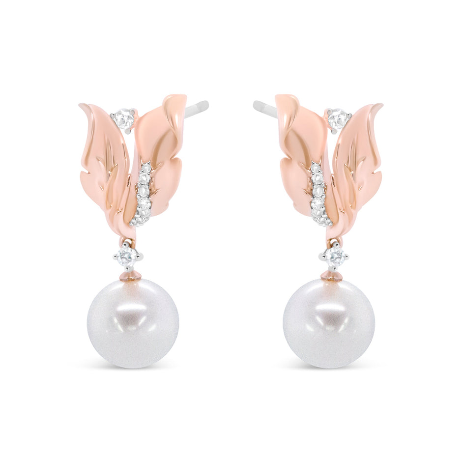 14K Rose Gold 1/6 Cttw Round Diamond and 8mm Round Pearl Floral Drop Stud Earrings (H-I Color, I1-I2 Clarity)